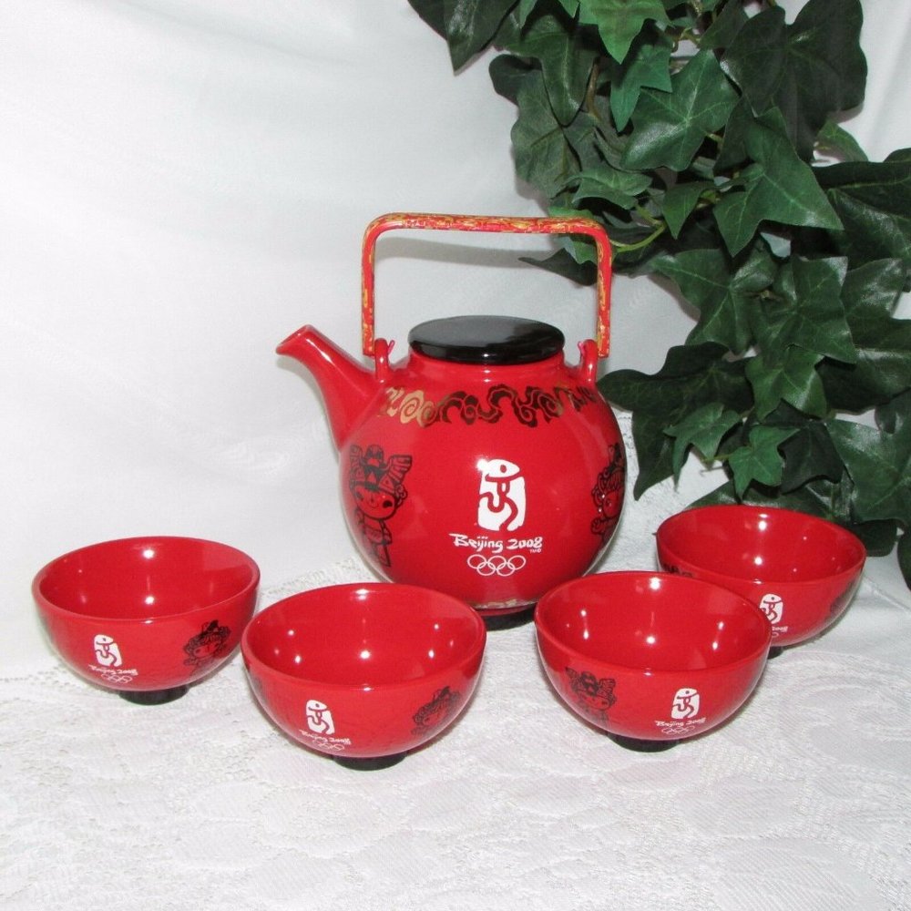 Tea Set BEIJING OLYMPICS 2008 Red Teapot Teacups Mascot FUWA  Commemorative